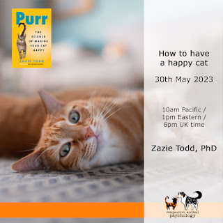 The flyer for the webinar how to have a happy cat has a ginger cat lying on their side and the cover of the book Purr
