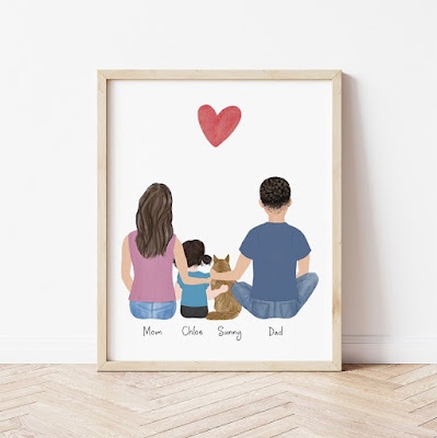 A custom family portrait with pet shows Mom, Dad, child and cat, with a heart above